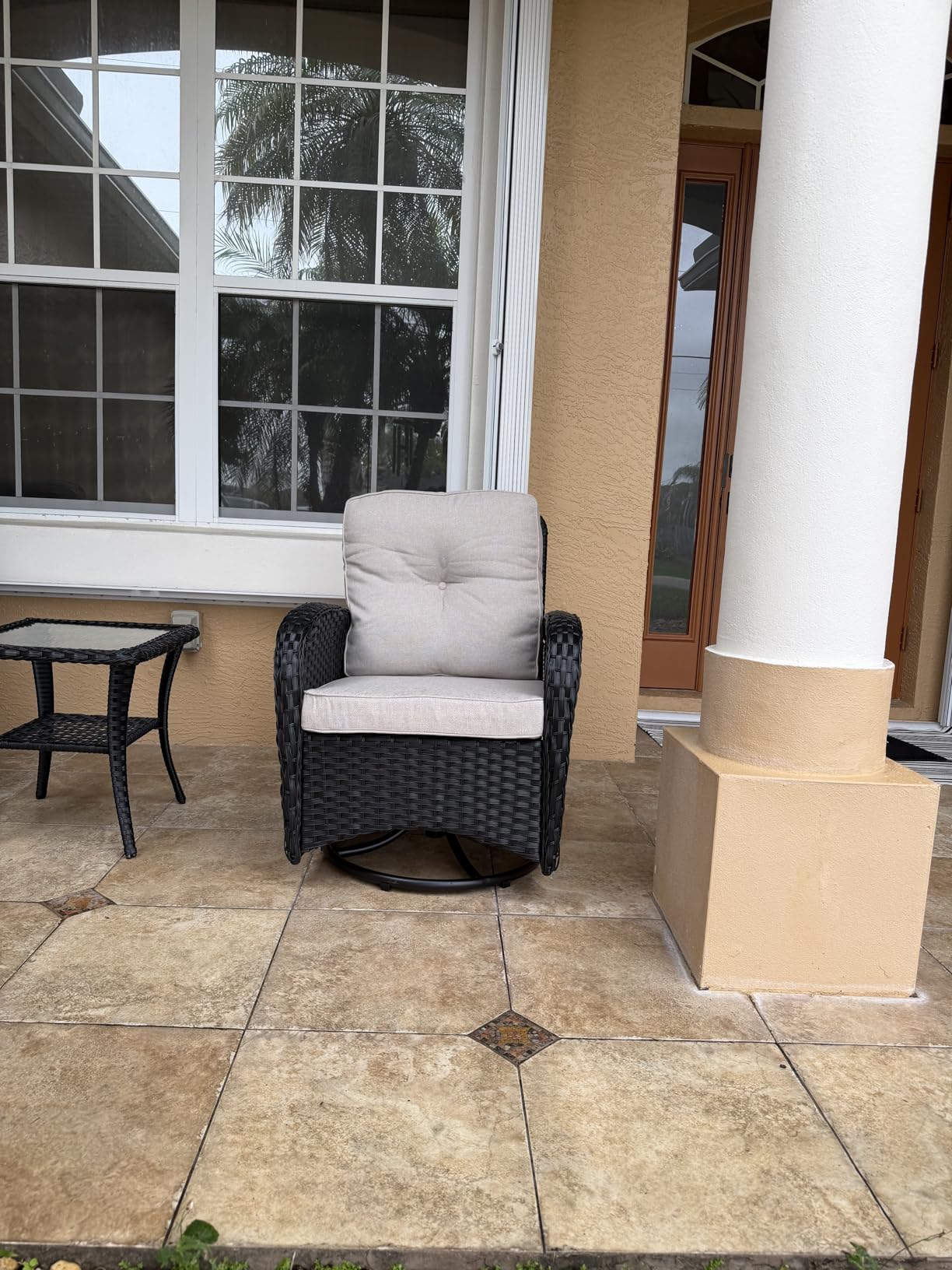 Belord Patio Wicker Chairs Swivel Rocker - Outdoor Swivel Rocking Chairs Set of 2 with Rattan Side Table, Patio Swivel Glider Chair 3 Piece Patio Furniture Sets for Deck Porch Pool Brown/Blue customer photo 2