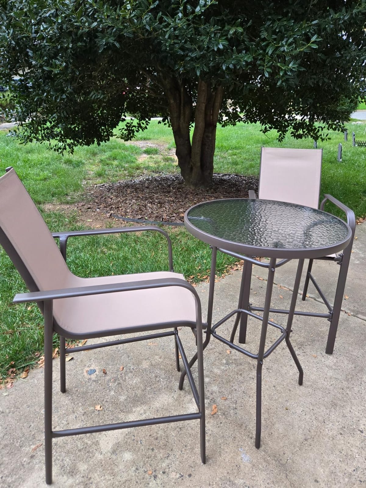 Tangkula 3 Pieces Outdoor Patio Bar Set, Outdoor Bistro Set with 2 Bar Stools and 1 Tempered Glass Bar Table, Bar Height Patio Table and Stools Set for Backyard, Garden, Lawn (Coffee) customer photo 2