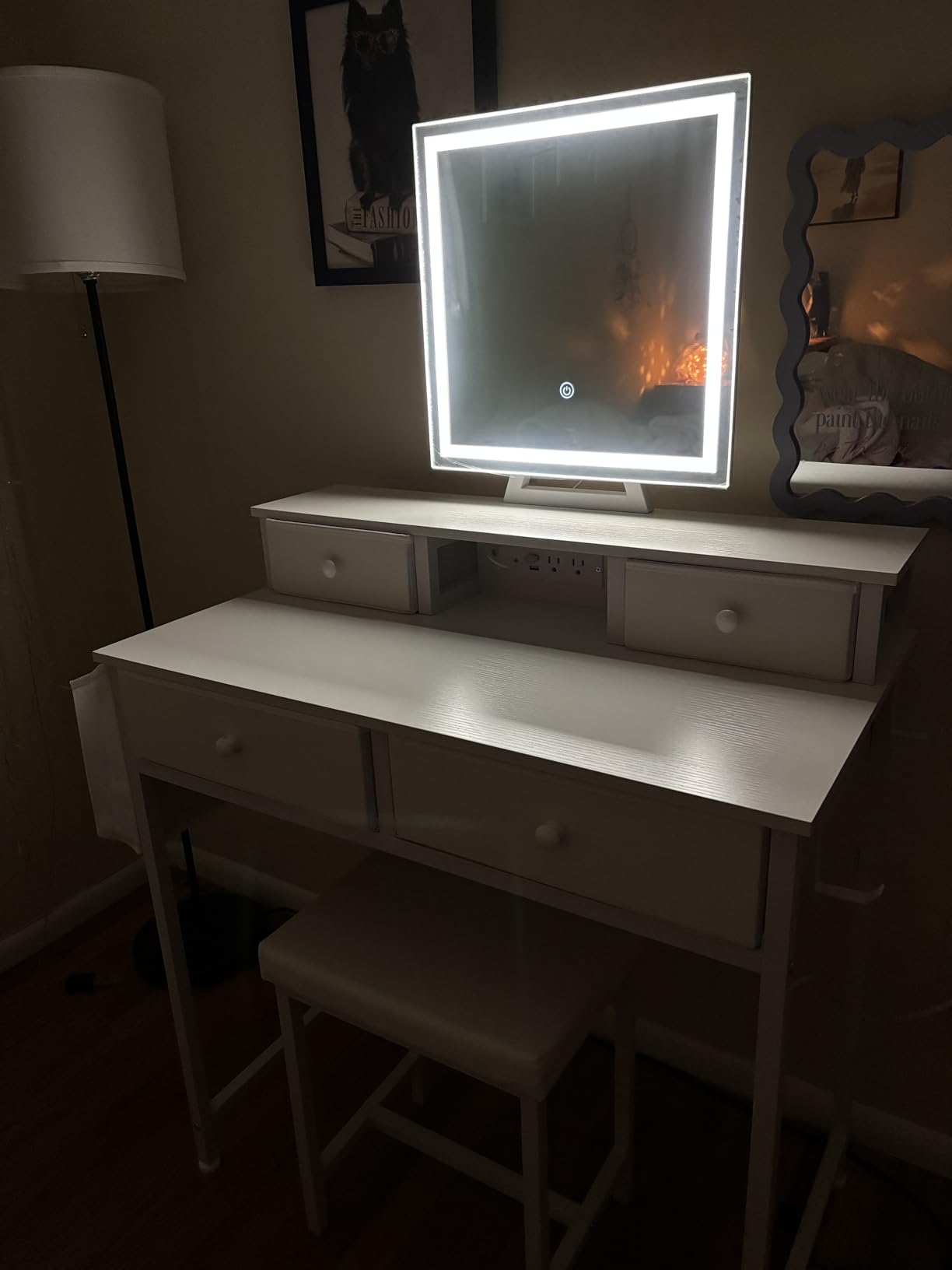 White Makeup Vanity Desk with Mirror and Lights, Vanity Set with Chair, Make Up Dresser Table with Drawers and Power Outlet for Girls Bedroom Small Space customer photo 2