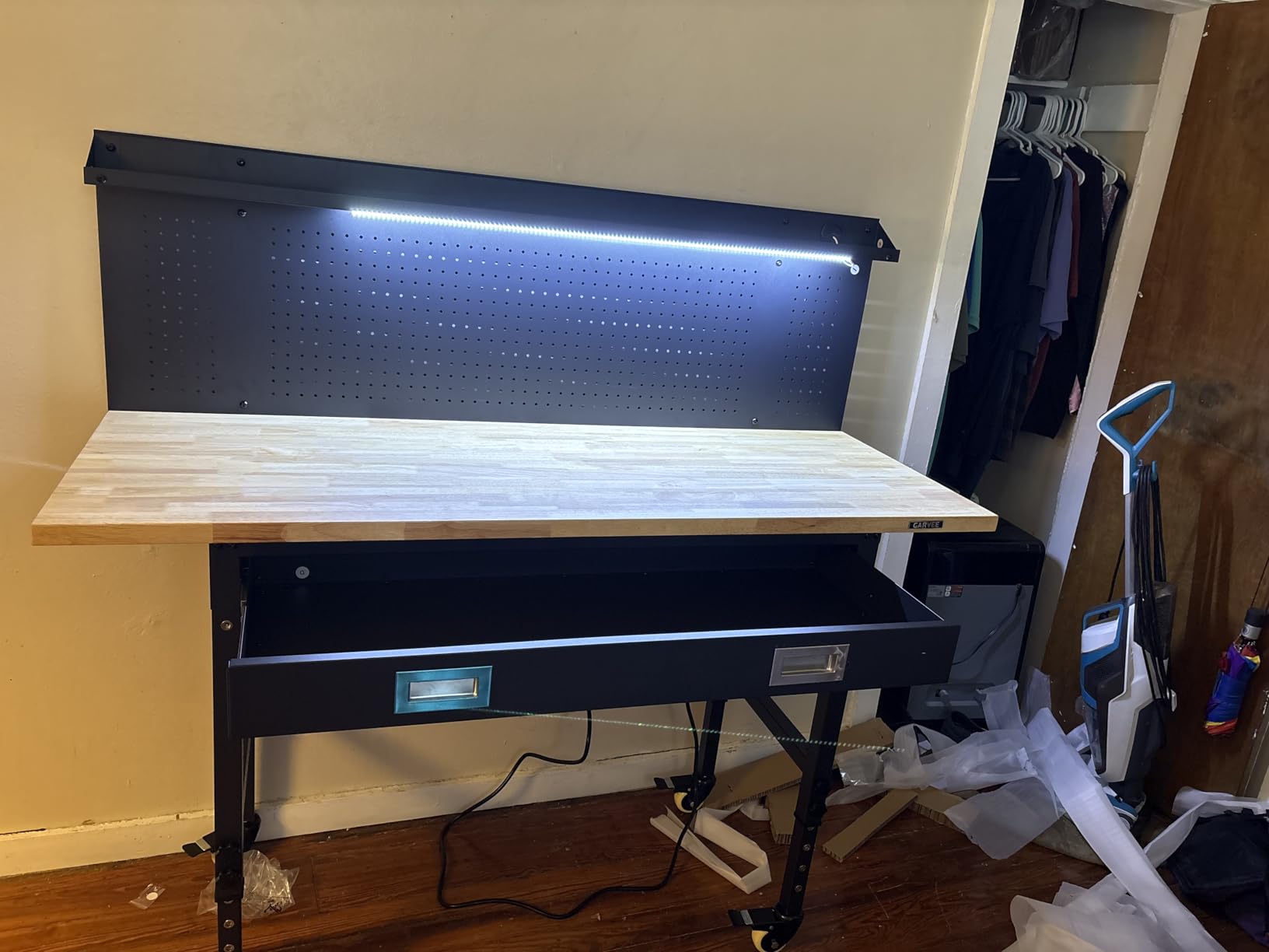 Workbench 48 x 24 Adjustable Height Worktable, Heavy Duty Rubber Wood Top, 2000 LBS Load Capacity, Tool Storage Workstation with Drawer, Pegboard, Power Outlets & Lockable Wheels customer photo 2