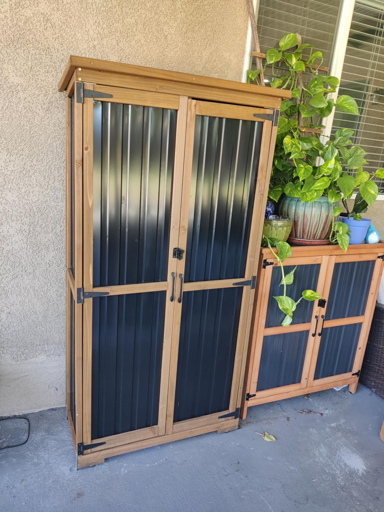 Outdoor Storage Cabinet with Shelves, Weatherproof Tool Shed for Patio customer photo 2