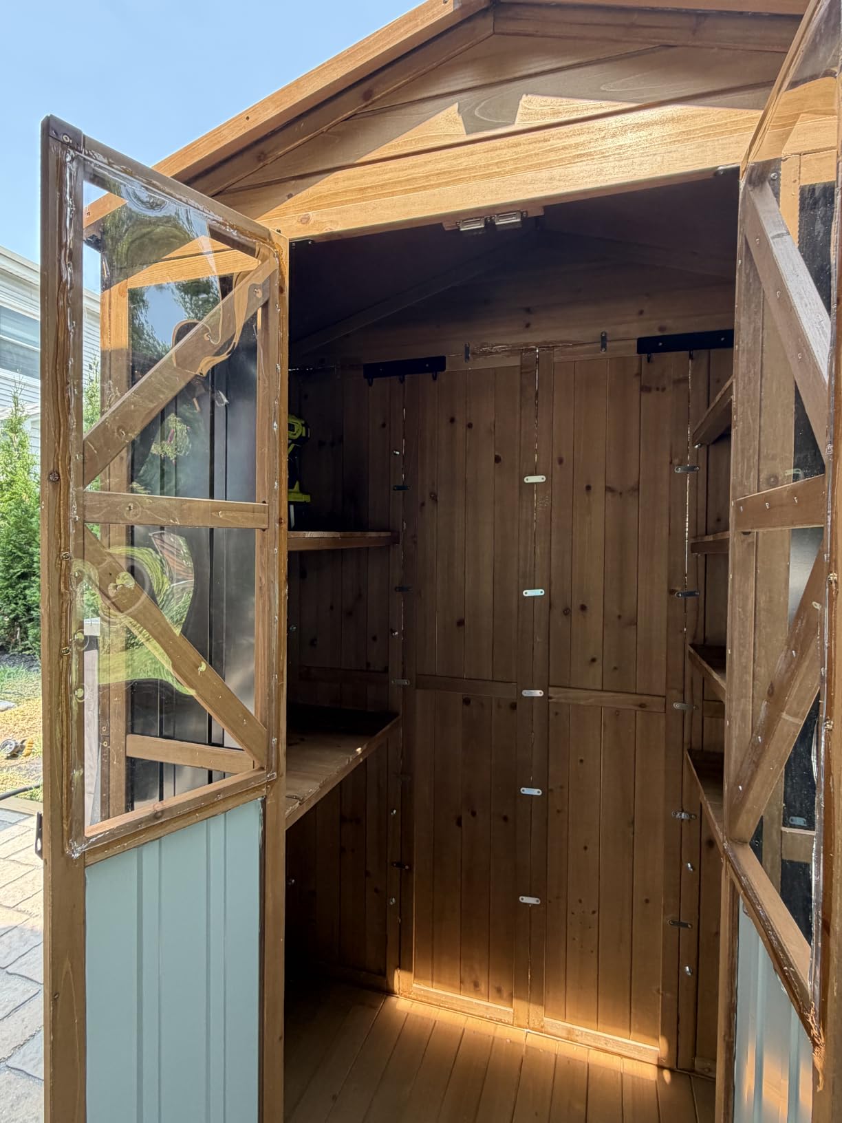 PetsCosset Outdoor Storage Cabinet Wood & Metal Garden Shed with Lockable Doors, 3 Adjustable Shelves, Weatherproof Patio Backyard Storage for Tools & Garden Supplies customer photo 2