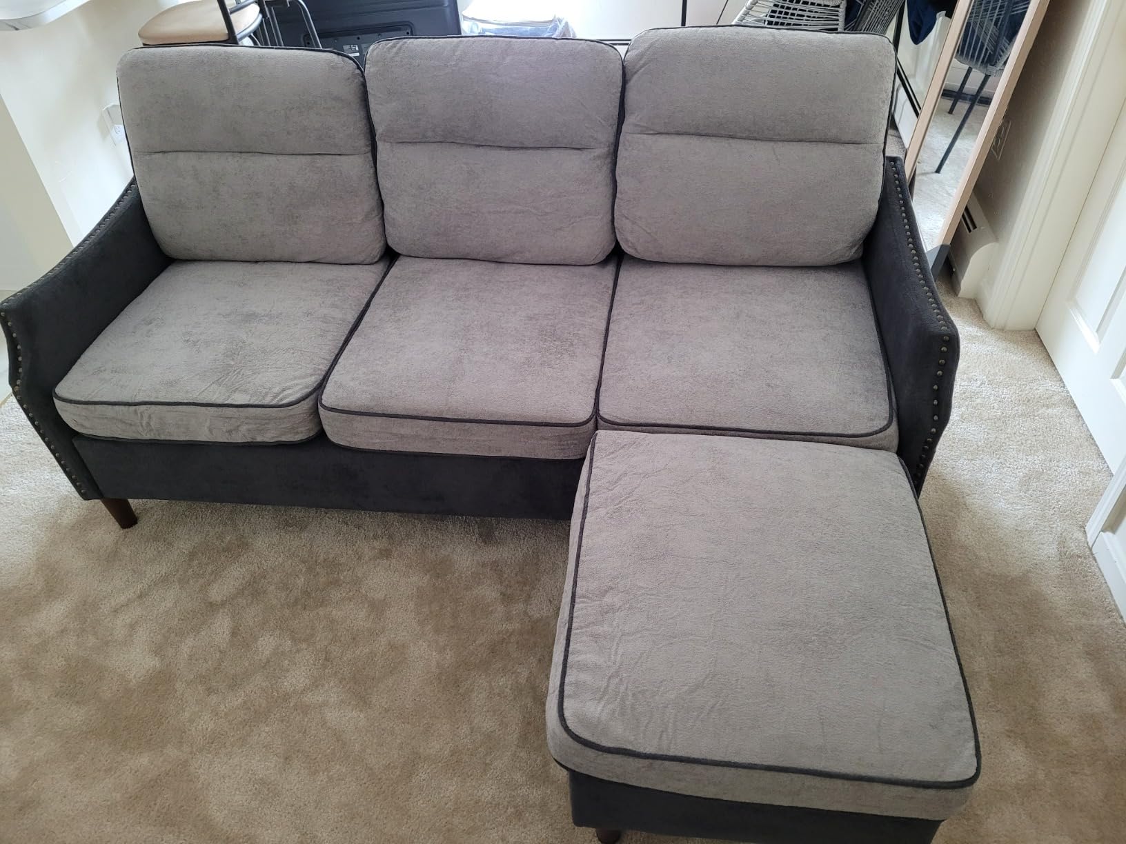 JAMFLY 3-Seat Reversible Sectional Sofa with Ottoman, Small Couch, Grey customer photo 1